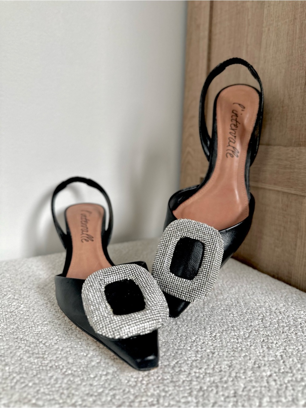 L’intervalle Women’s Black Slingback Pointed-Toe Heels with Crystal Buckle - Picture 4 of 12